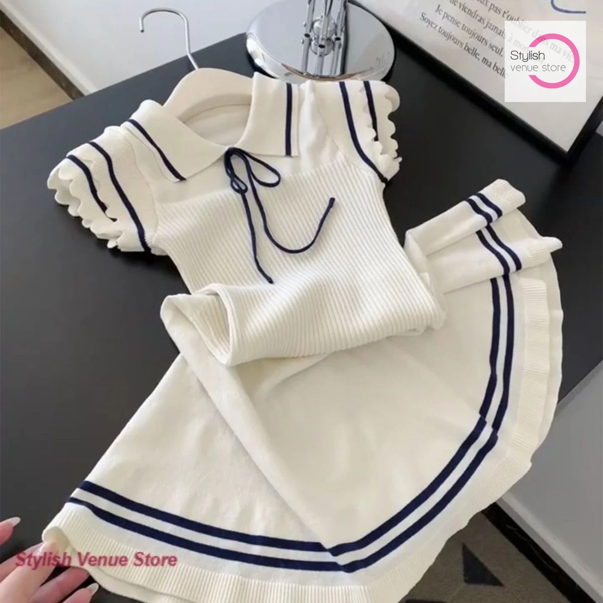 

Korean college wind contrast lapel lace knit Feifei short-sleeved dress women's summer new casual age-reducing A-line skirt