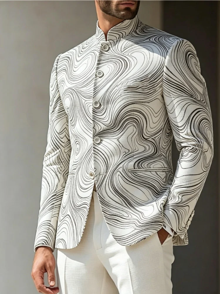 Mens Slim Fit Stand Collar Blazer Jacket White Black Wave Print Abstract Pattern Casual Formal Coat