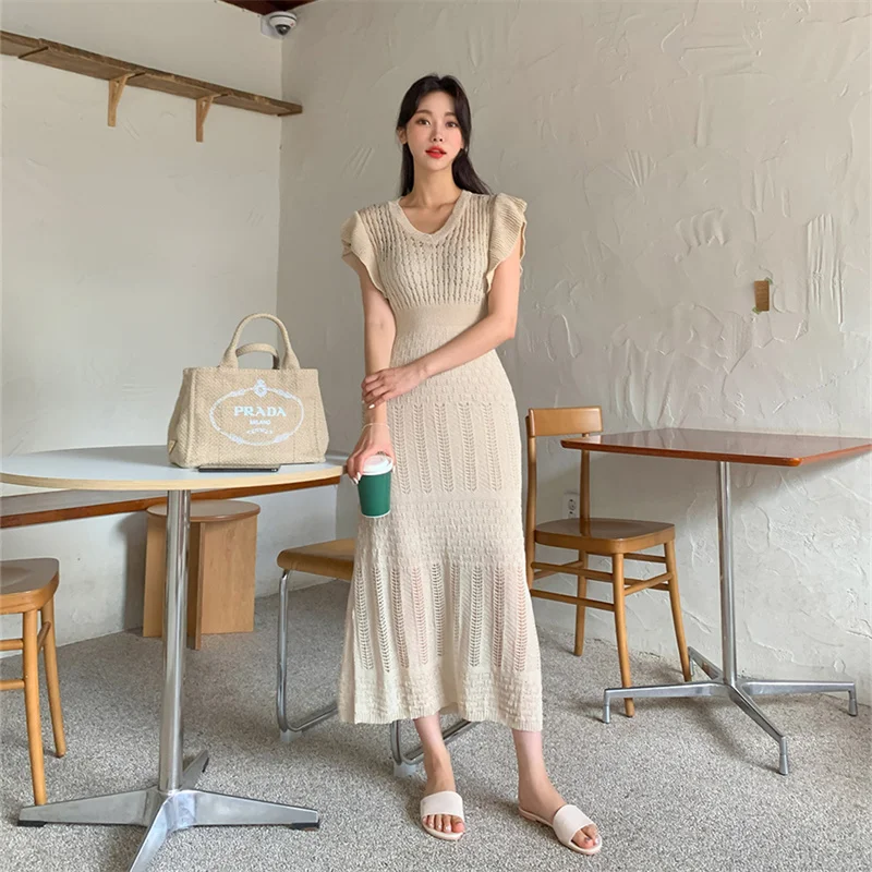 Women\'s Summer Knitted Long Slim Vintage Dress V Neck Ruffles Sleeve Elastic High Waist Pullover Midi Sundress 2023