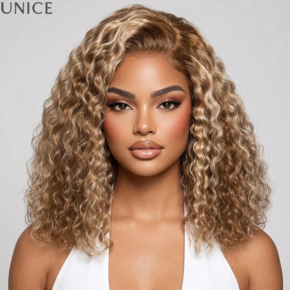 UNice Honey Blonde Pre-Styled Water Curly Bob Wig 180% Density 7x5 Lace Bye-Bye Slip™ Glueless Human Hair Wig for Beginners