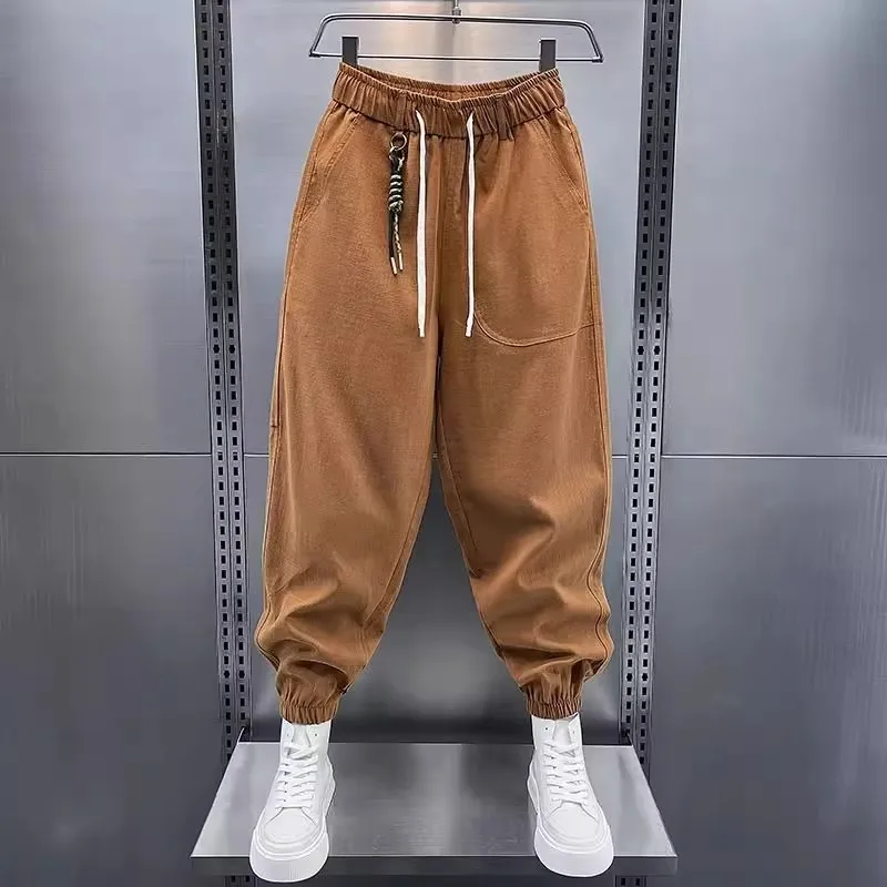 

Льняные повседневные брюки больших размеров, мужские осенне-зимние американские свободные брюки-шаровары с широкими штанинами и манжетами, рабочая одежда, брюки Harajuku Street...