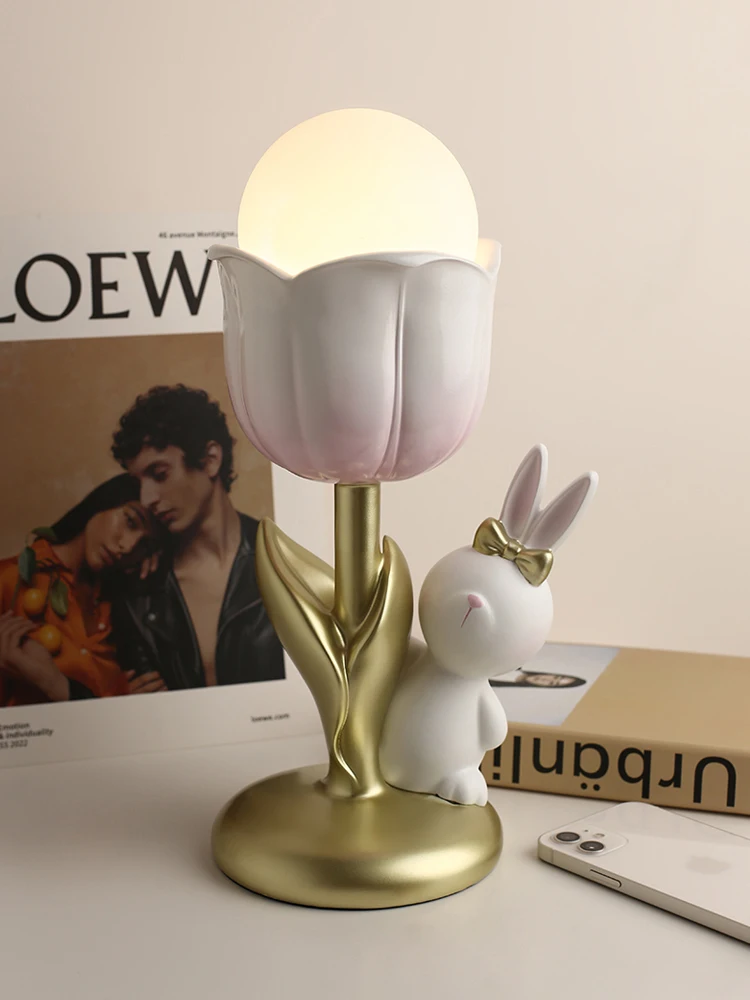 

Cute Tulip Rabbit Table Lamps for Bedroom Home Decor Nightstand Bedside Lamp Night Light Livng Room Decoration Study Ornament