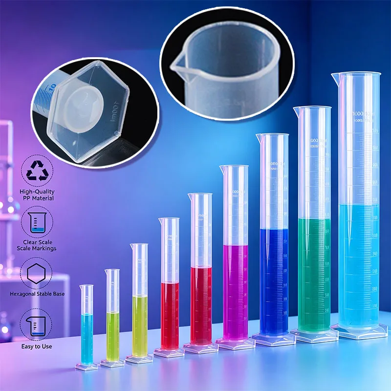 5PCS 10-2000ml Clear Plastic White/Blue Graduated Measuring Cylinder Lab Tubes Refillable Chemistry Lab Standard Measurement Cup