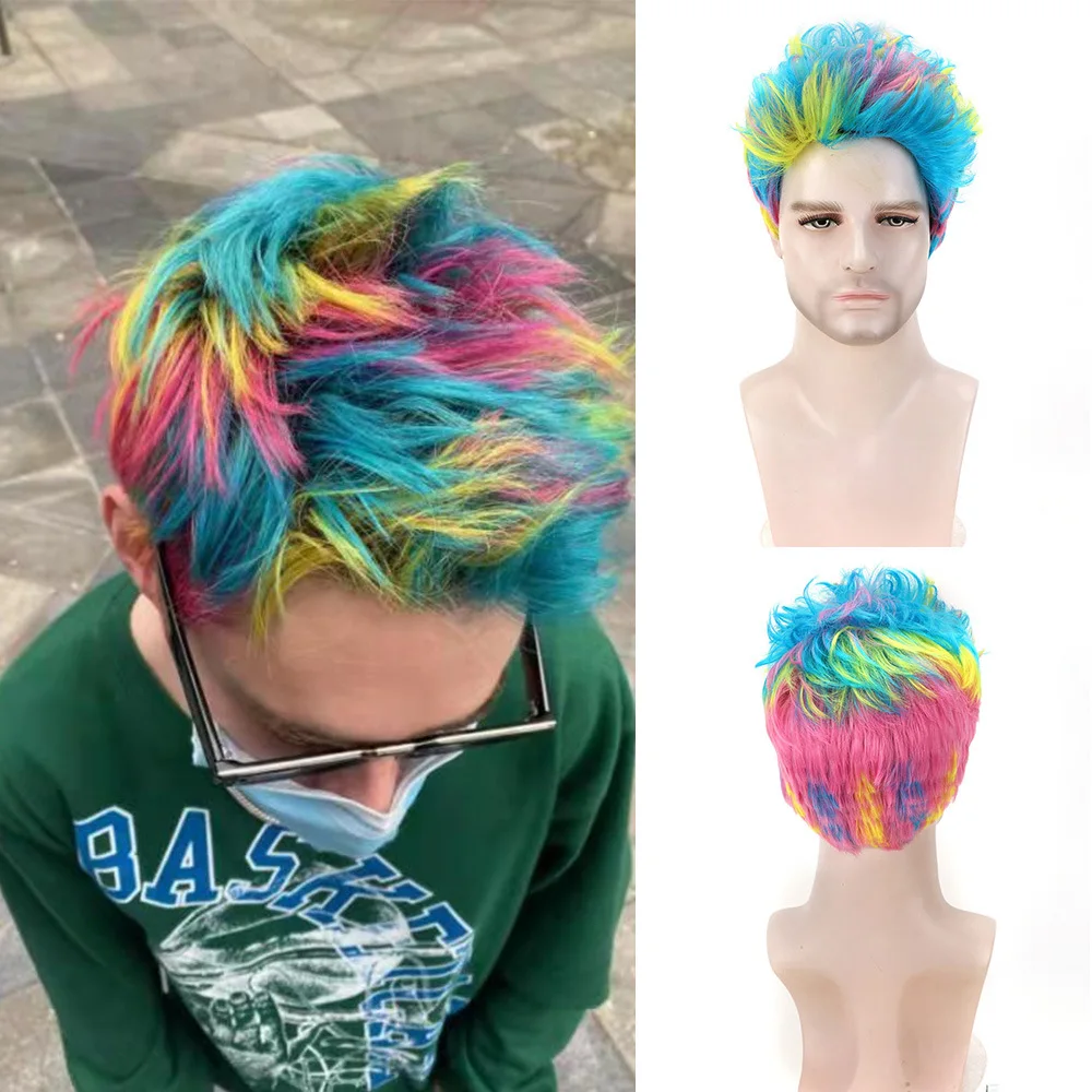 Men Synthetic Cosplay Wigs Colorful Color Wig Natural Fluffy Layered Curly Daily Costume Halloween Party Use Wig for Men Male