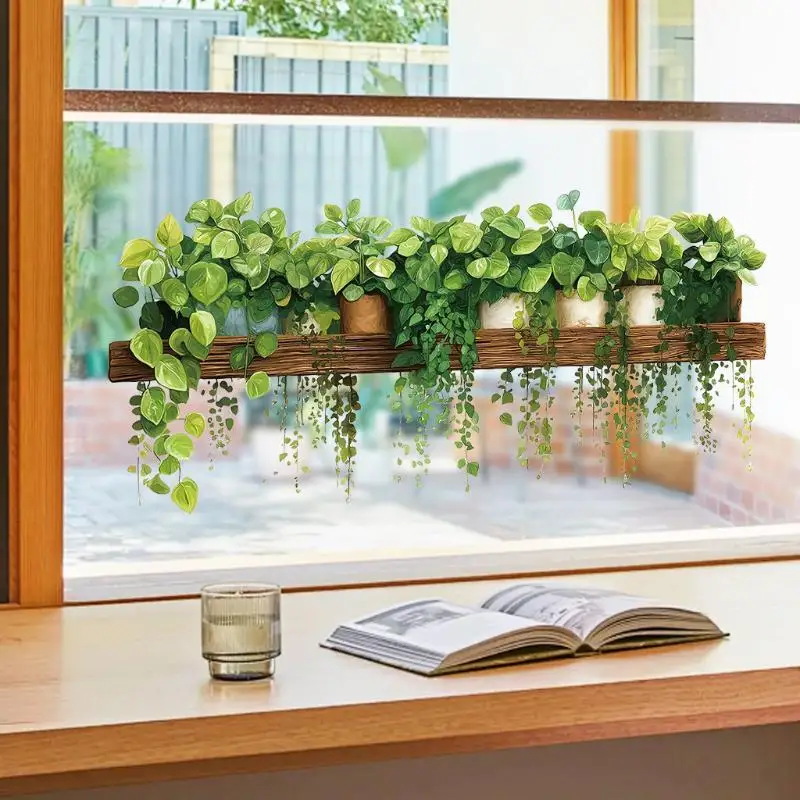 3D Green Hanging Plants Wall Sticker, Wooden Shelf Potted Greenery Mural, Removable Kitchen Living Room Home Decor 1PC