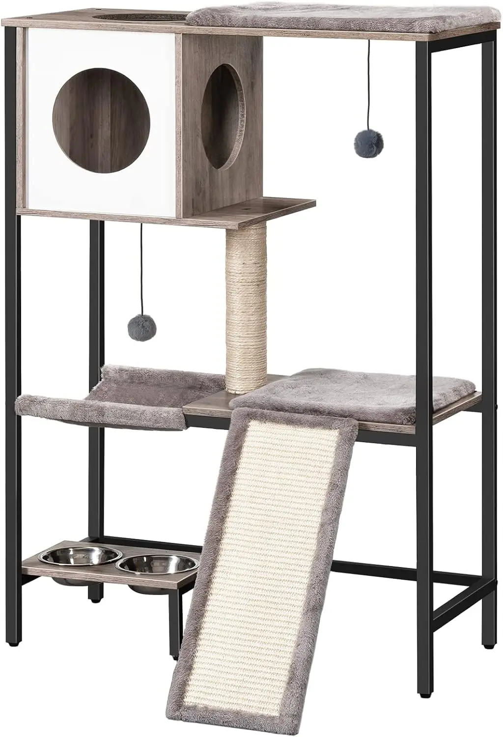 

Indoor Cat Tower, Wooden, Greige, 4-Tier, Versatile with Scratching Post, Hammock and Food Bowls for Multi-Cat Families