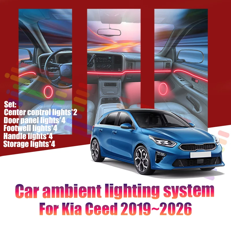 Luces LED Ambientales para Kia Ceed 2019~2026 CD MK3, Luces de Atmósfera Coloridas, Tira de Neón Interior para Auto, Iluminación RGB de 64 Colores, Accesorio para Auto