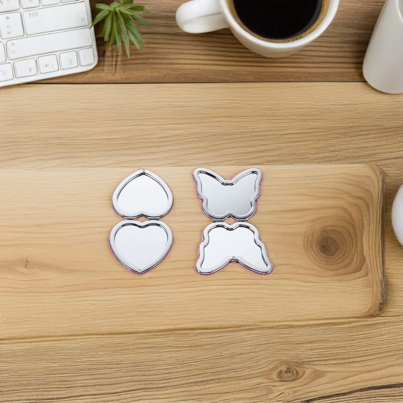 2Pcs Cute Compact Mirror Pocket Size Folding Heart Butterfly Pattern Dual Sided Makeup Mirror Portable Travel Purse Handbag Mini