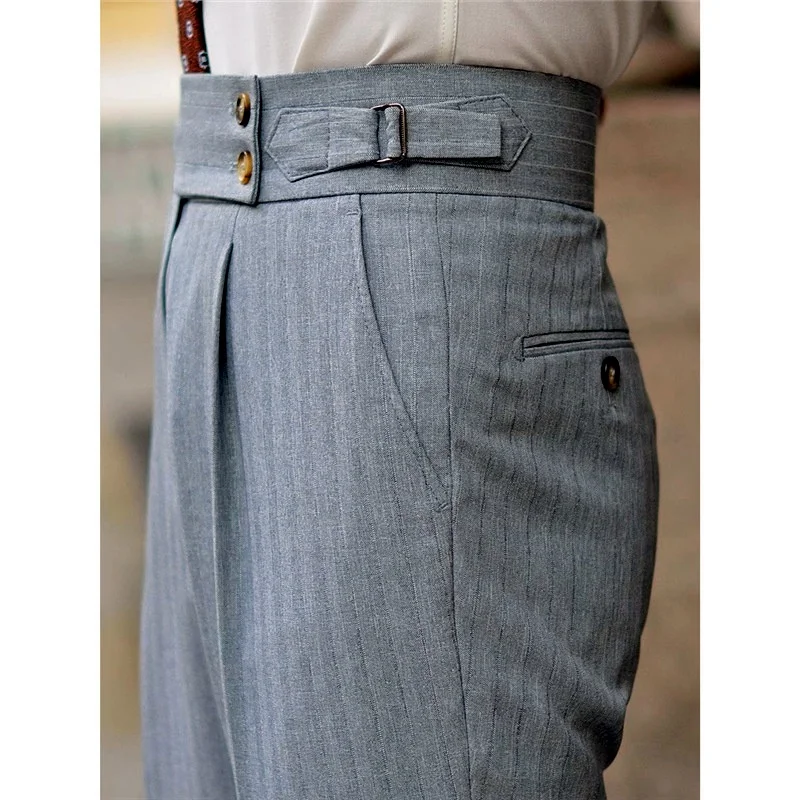 

Итальянские прямые повседневные мужские брюки в полоску с высокой талией в стиле ретро, британские джентльменские неаполитанские парижские модные костюмные брюки для мужчин