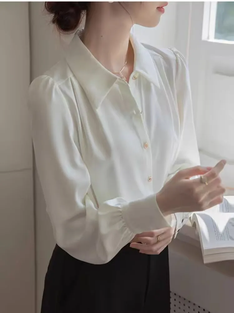 Eye-catching Chic Office Interview Neat Blouse Female Spring Autumn Woman S-XL shirt Turn-down Collar Button High Quality