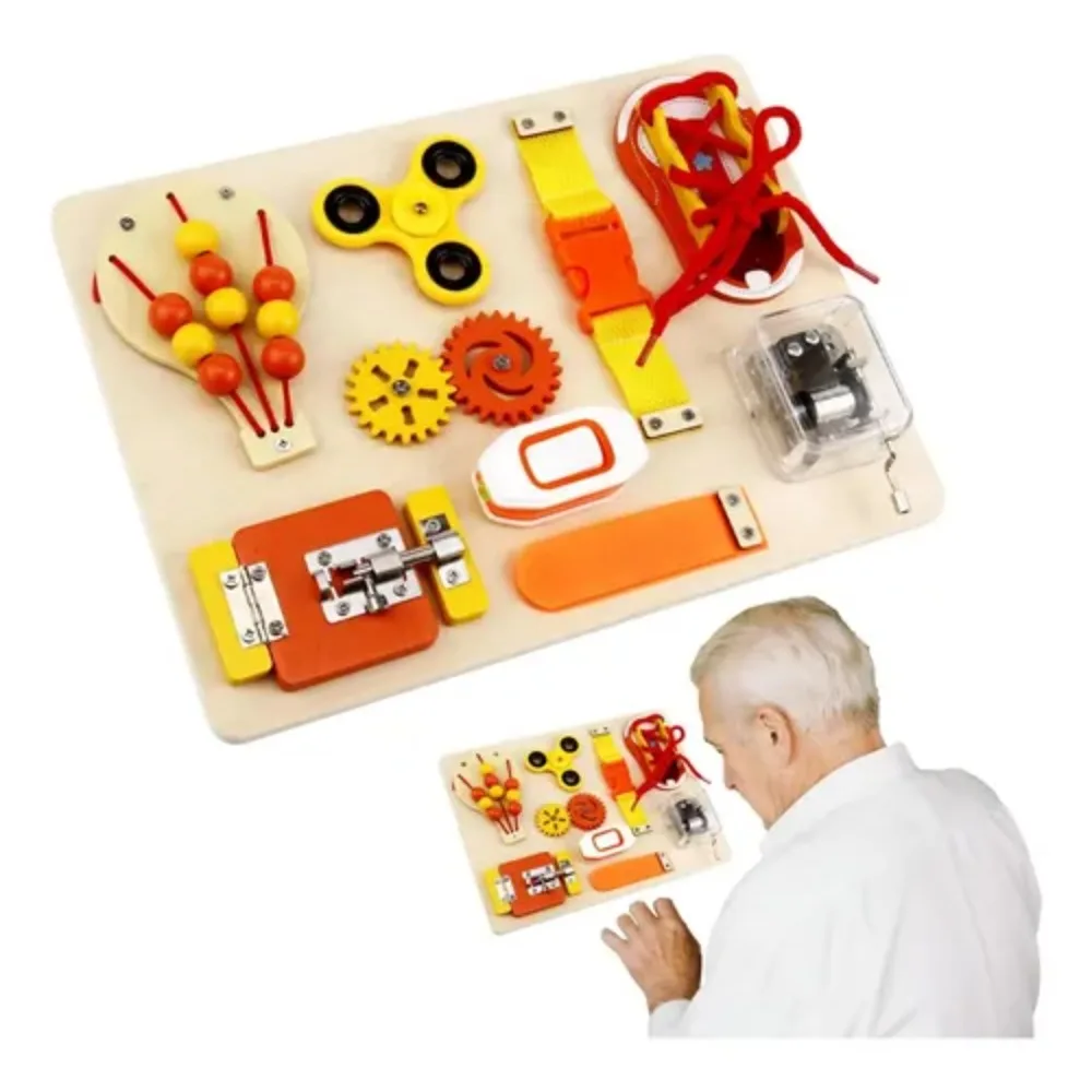 Montessori Wooden Busy Board Toys for Toddler Sensory Educational Fidget Board Travel Toy with Locks Shoelace Gear for Kid Gifts