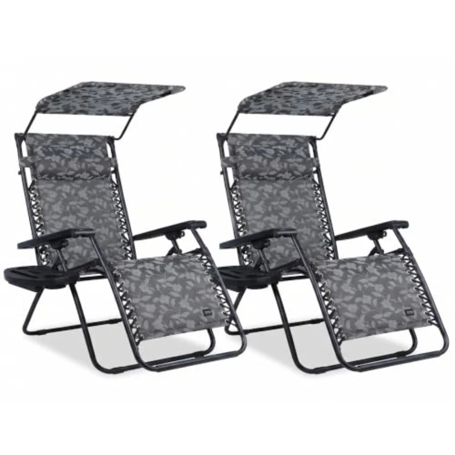 Outdoor lounge chair for patio use, aluminum frame with gray fabric, zero gravity reclining function and adjustable canopy with