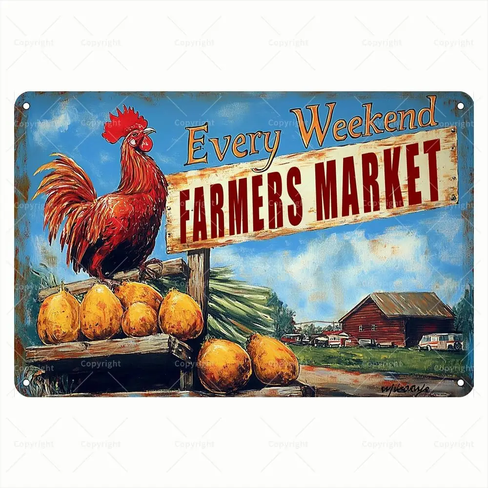 Vintage Tin Sign - Every Weekend Farmers Market Rooster with Farm Fresh Produce Scene Retro Metal Sign - Inspirational Tin Sign