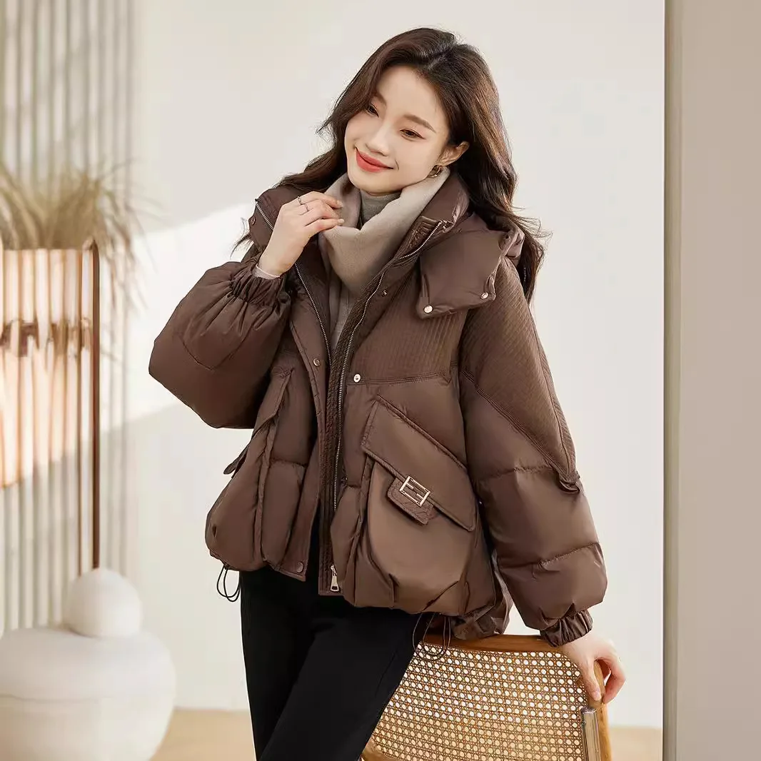 2025 Winter Women's Small Short Thick Solid Color Loose Cotton Clothes Cotton Clothes Fashion Warm Hooded Pocket Jacket
