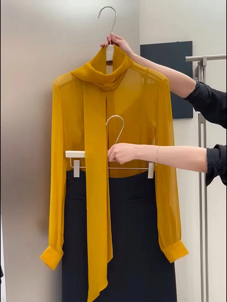 Korean Style Commute Loose Semi-Transparent Sash Shirt 2025 New Slimming Matures Long Sleeve Fashion Thin Mesh Top Women's Bl...