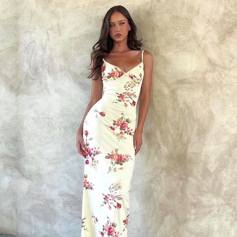 

Summer Maxi Dress with Floral Print V-neck for Women Bodycon Sexy Backless Robe Longue Femmes Long Vestidos Verano Moda 2024