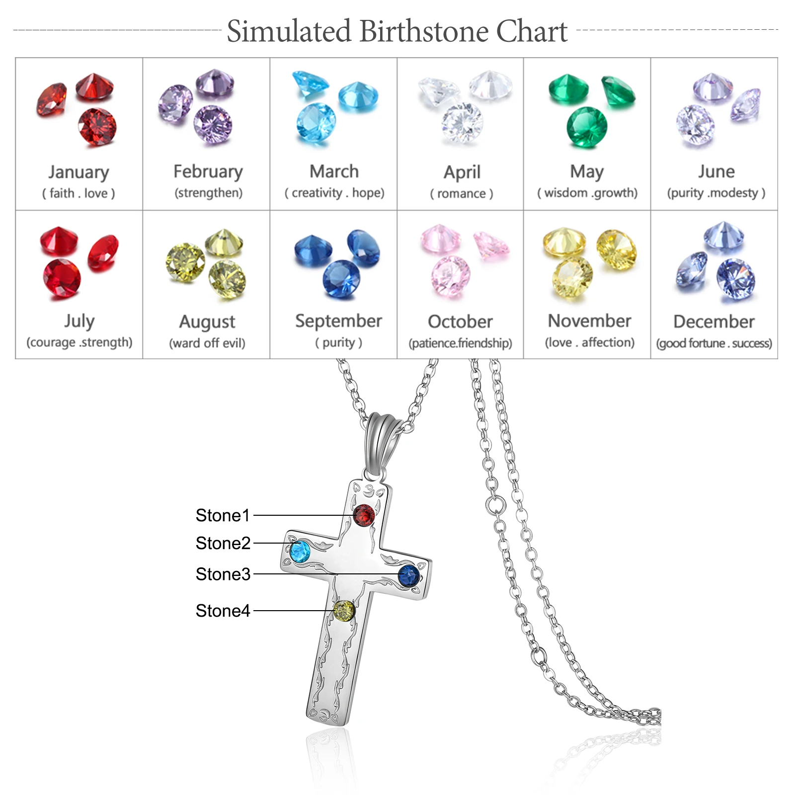 Stainless Steel Personalized Inlaid 4 Birthstones Cross Necklace Customized Women Pendants Gift Anniversary Birthday for Wife