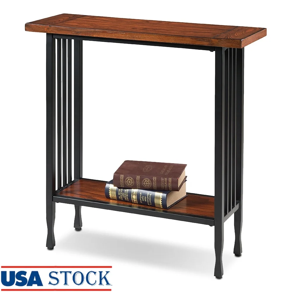 

Rustic Ironcraft Console Table with Display Shelf Narrow Entryway Furniture Solid Wood and Metal Structure
