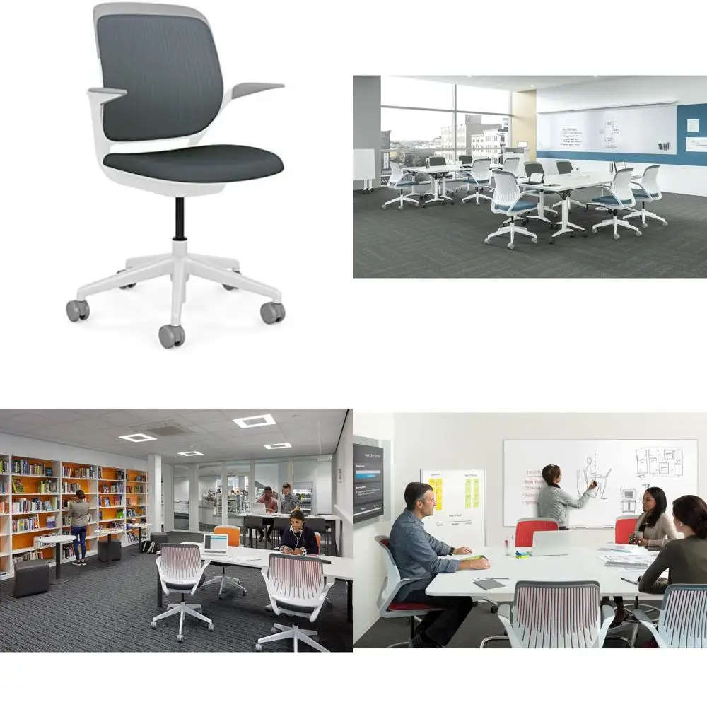 

Стул Cobi из графитовой ткани с мягкими подлокотниками, белой основой и стандартными ковровыми колесами от Steelcase