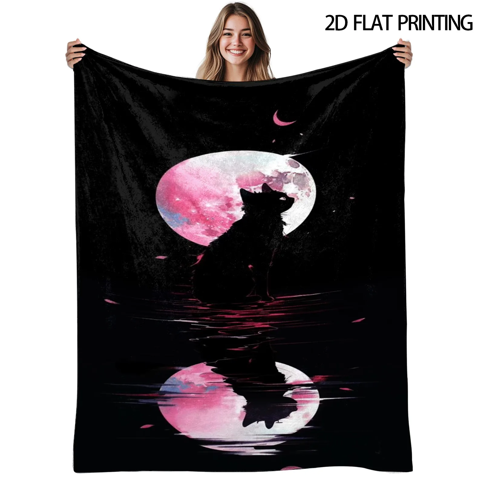 1pc, Black Cat, Flannel Blanket, Camping Blanket, Nap Blanket, Outdoor Camping, Soft, Lunar Eclipse Design Print, for Home, Travel, Beach, Allseason Use, Birthday Gift | Best for Valentine'S Day, Outdoor Camping Blanket