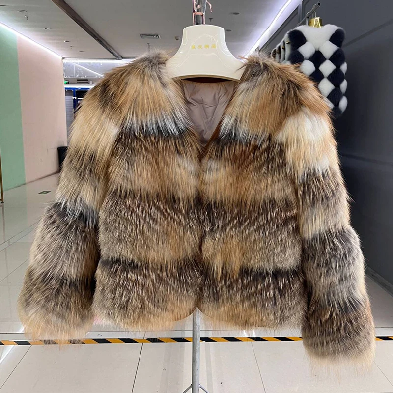 2024 New Winter Real Fox Fur Strip Sewed Toghter Jacket White Duck Down Lining Thick Warm Real Fur Luxury Coat Women Outerwear