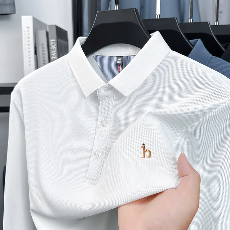 

Роскошная качественная мужская рубашка-поло с лацканами и длинным рукавом, осенняя новая футболка с мультяшной вышивкой для пожилых людей, деловая повседневная офисная мужская одежда