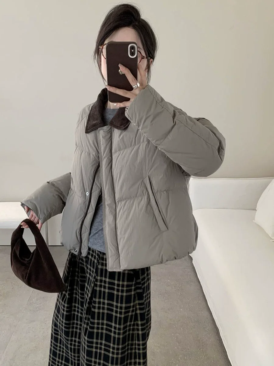 Women's Short White Duck Down Jacket With Corduroy Collar
