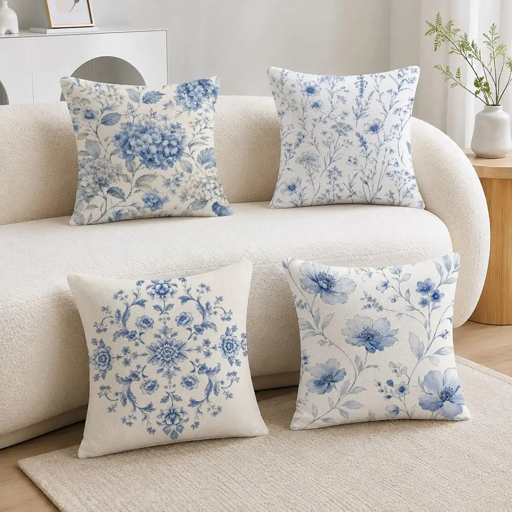 Minimal Blue Flower Pattern Cushion Cover Soft Plush Cushion Covers Fluffy Throw Pillow Cases for Sofa Bedroom Home Decor