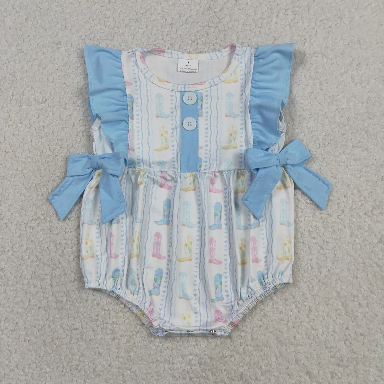 Wholesale Newborn Infant Boots Western Bodysuit Kids Toddler Blue Bows Bubble Romper Baby Girl Children Girls Summer Clothes