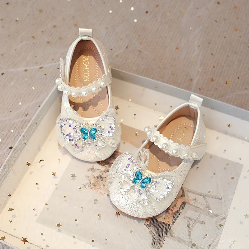 Little Girls Princess Shoes Sequins Lace Butterfly Beautiful Glitter Rhinestone Blue Crystal Kids Flats Chic Shoes Wedding Party