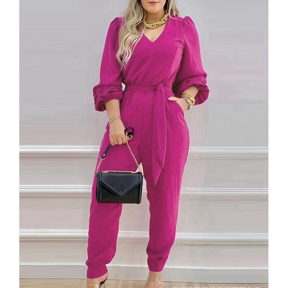 Women Trendy Tied Detail Long Sleeve Jumpsuit Femme V Neck Puff Sleeve Jumpsuits Office Lady Outfits One Piece Overalls