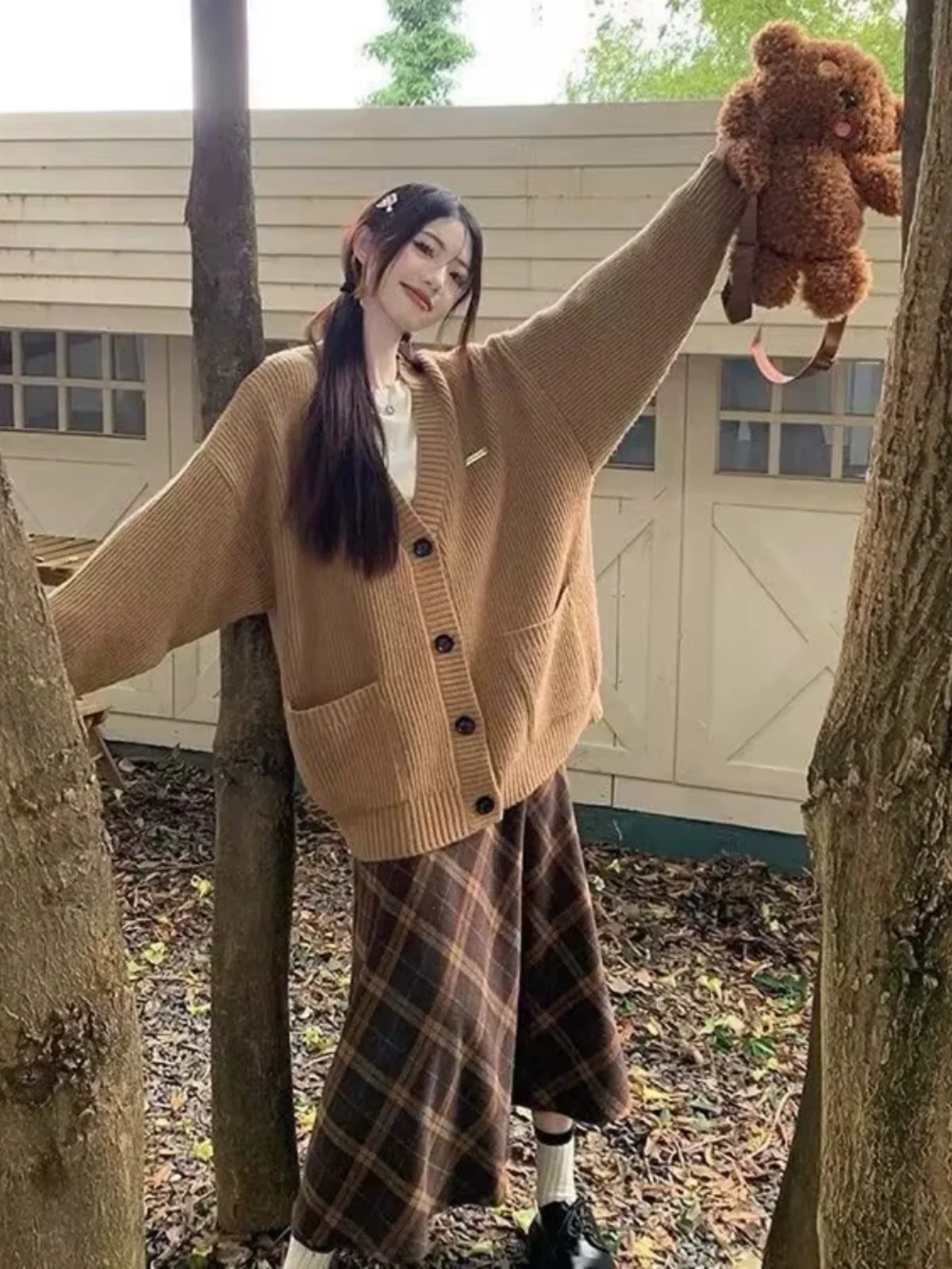 

Lazy Sle Women's Knitted Sweater Cardigan Plaid Skirt Long Skirt Two-Piece Set Autumn Faion Outfit Casual Chic