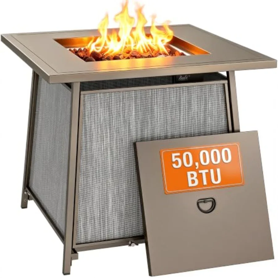 Outdoor propane fire pit with 50, 000 BTU output, stainless steel construction, matte black finish, weather-resistant and adjus