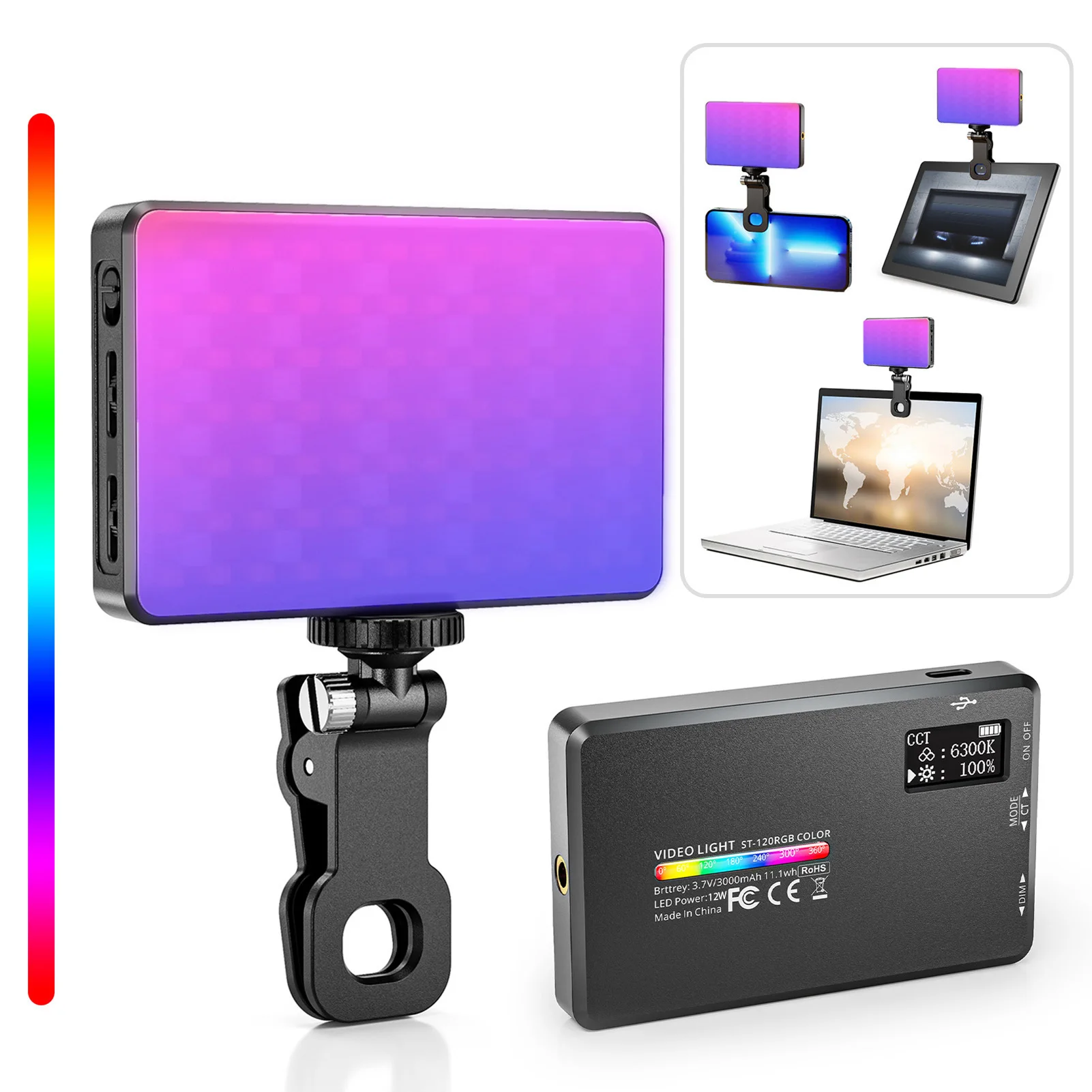 ST-120RGB Pocket RGB Video Light Clip-on Fill Light Tablet Computer LED Video Light 2500-9000K for Online Meeting Live Streaming