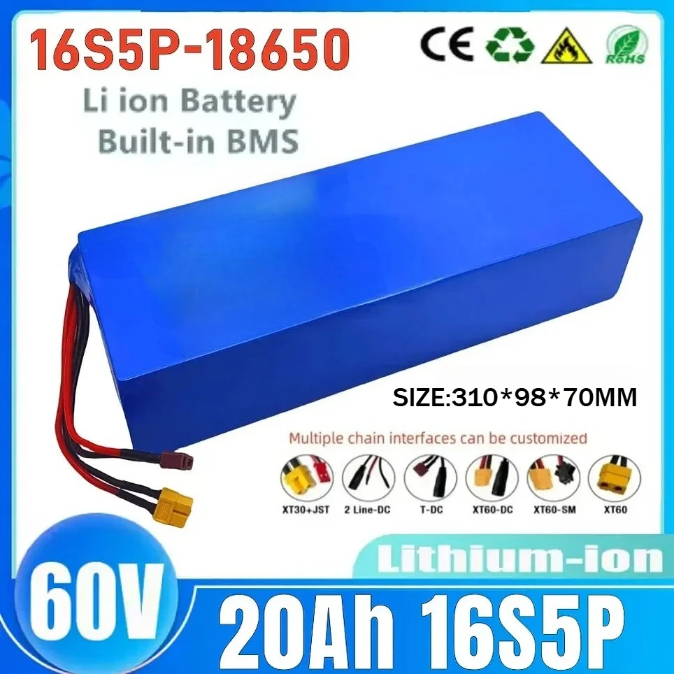 

Battery Pack for 1000W 1200W 1500W Motor - 16S5P 60V 20AH Lithium for Motorcycle Scooter Bicycle with BMS