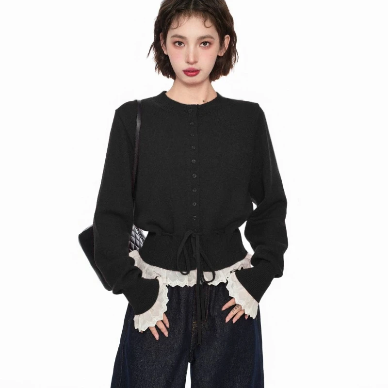 

Korean Style Solid Stitching Lace Knit Cardigan Sweater Woman Autumn and Winter O-neck Long Sleeve Fake Two-piece Slim Jumpers