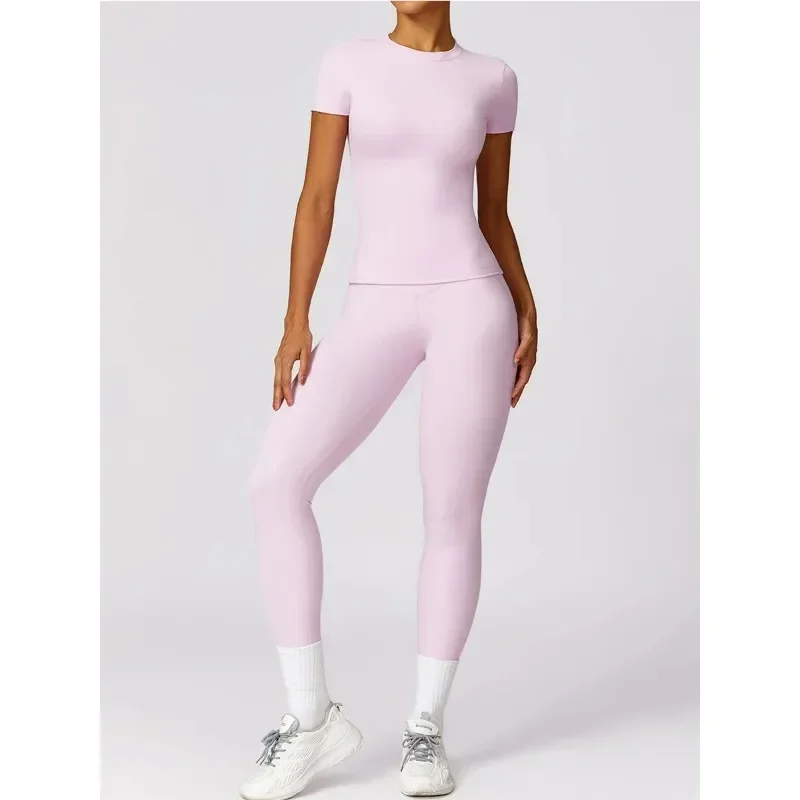 Seamless Yoga Set Women Pink Short Sleeve Top with High Waist Leggings Two Piece Workout Clothes Sports Fitness Gym Sets