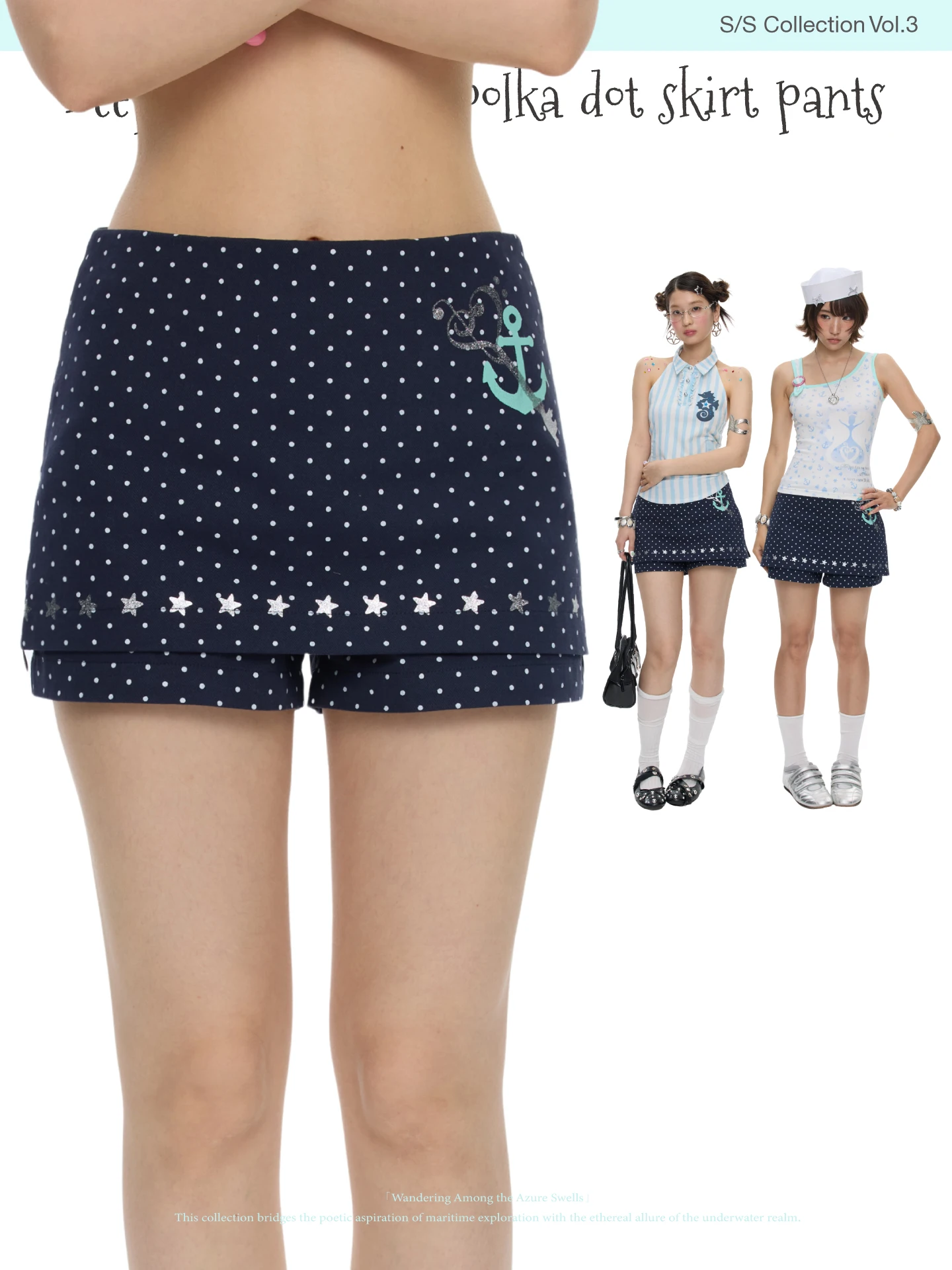 Summer Deep Blue Polka Dot Print Skirt Pants Half Skirt Shorts Versatile Slimming High Waist Cotton Commute Style Women's Fas...