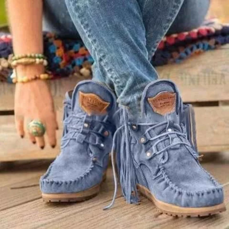 Comemore New 2021 2022 Leather Women Sewing Lace-up Women\'s Ankle Boots Booties Woman Retro Pendant Boot Shoes Female Winter 43