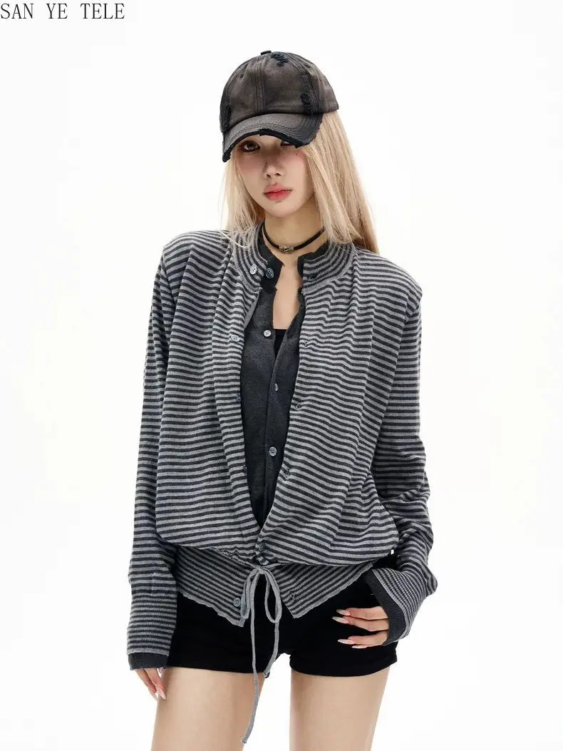 

Полосатый вязаный свитер с эффектом двухслойности в стиле пэчворк, унисекс, американский винтаж, свободный крой, повседневный, Y2K, в стиле Харадзюку, субкультурный, женский, новинка