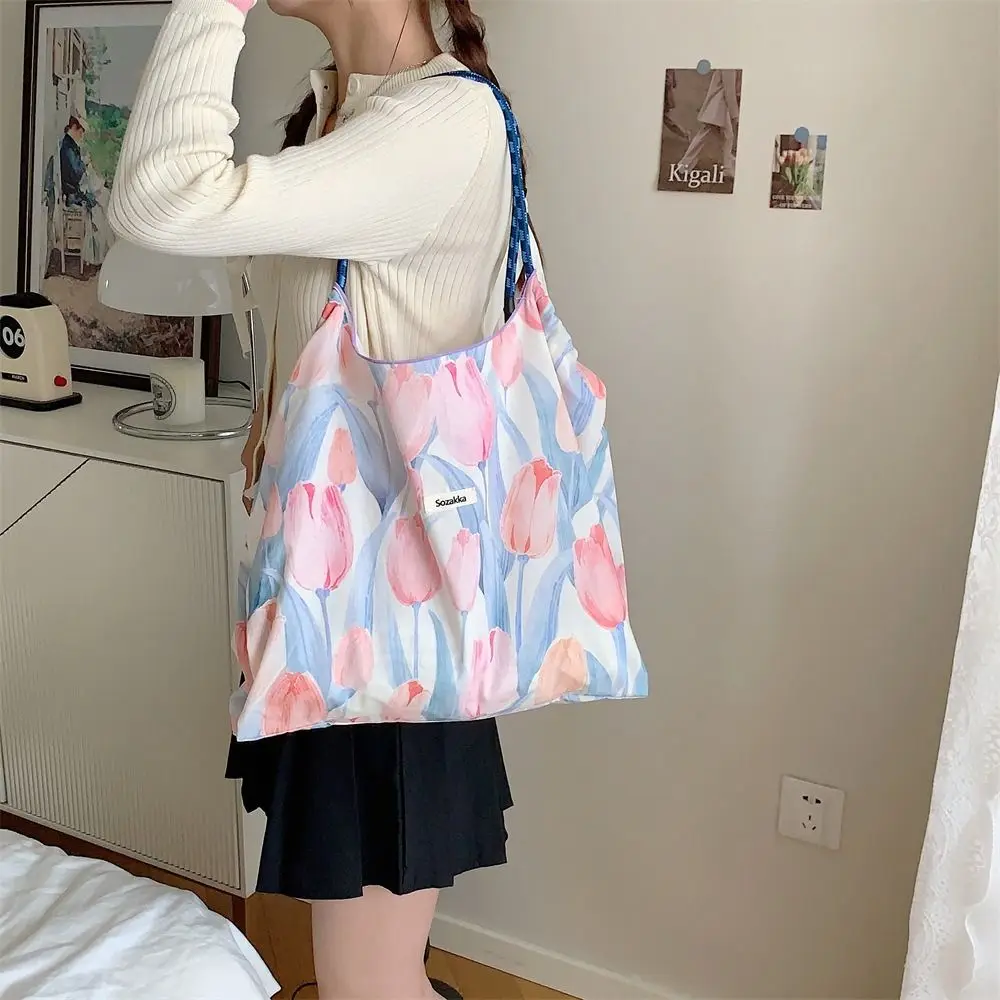 Floral Printed Canvas Shoulder Bag Portable Reusable Large Capacity Drawstring Shopping Bag Handheld Cotton Travel Tote Bag