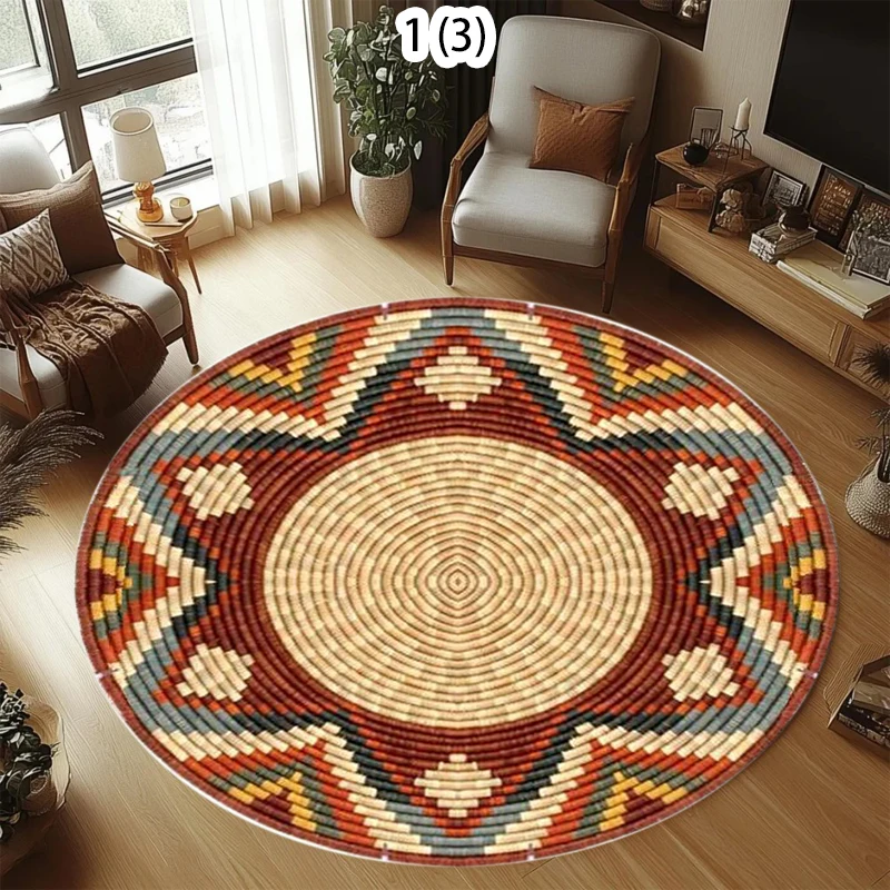 Round Woven Style Geometric Pattern Rug Ethnic Decor Non-Slip Durable Carpet For Living Room Bedroom Decorative Space  Rugs