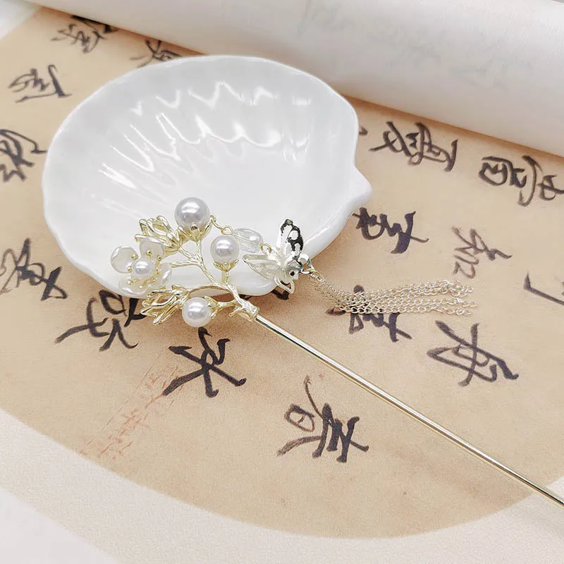 دبابيس شعر عصرية جديدة على شكل زهرة اللؤلؤ على الطراز الصيني للنساء، دبابيس شعر على شكل شرابة على الطراز القديم وإكسسوارات أغطية الرأس