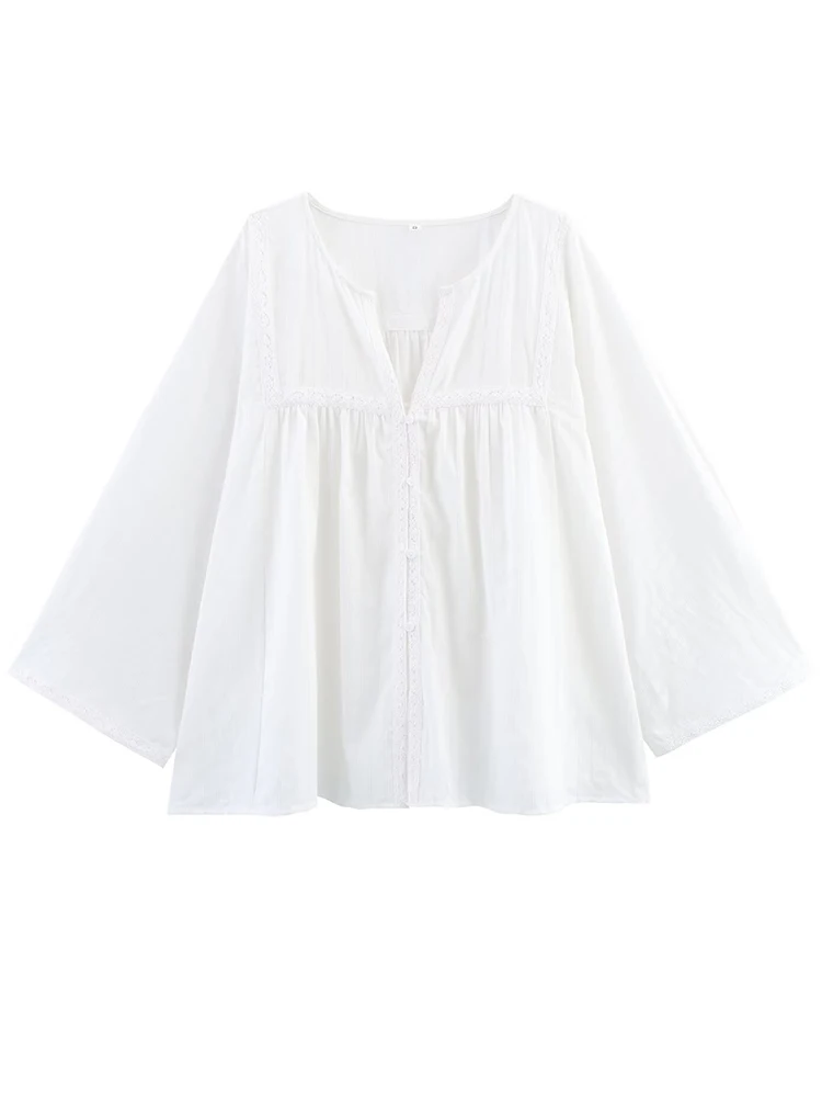 

European style new women's fashion versatile temperament minimalist style V-neck wide sleeve embroidery layer shirt