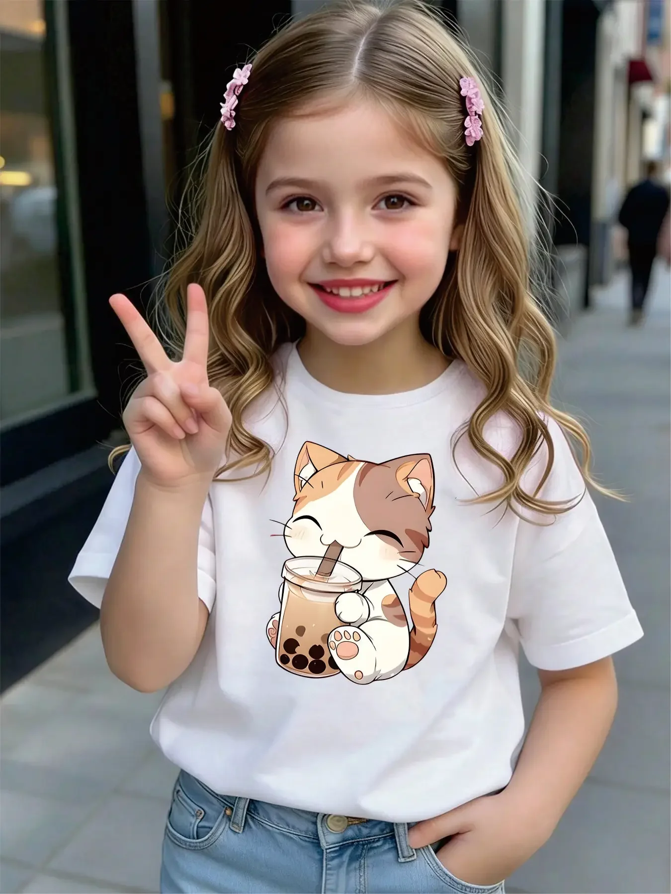 Kids Girls Crew Neck T-Shirt, Kawaii Cat Drinking Boba Tea Graphic Print Short Sleeve Casual Basic Tee