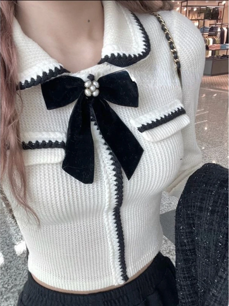 French Style Crop Sweaters Women Spring Elegant Cozy Office Lady Gentle All-match Slim Knitwear Simple Vintage Ins Trendy Chic