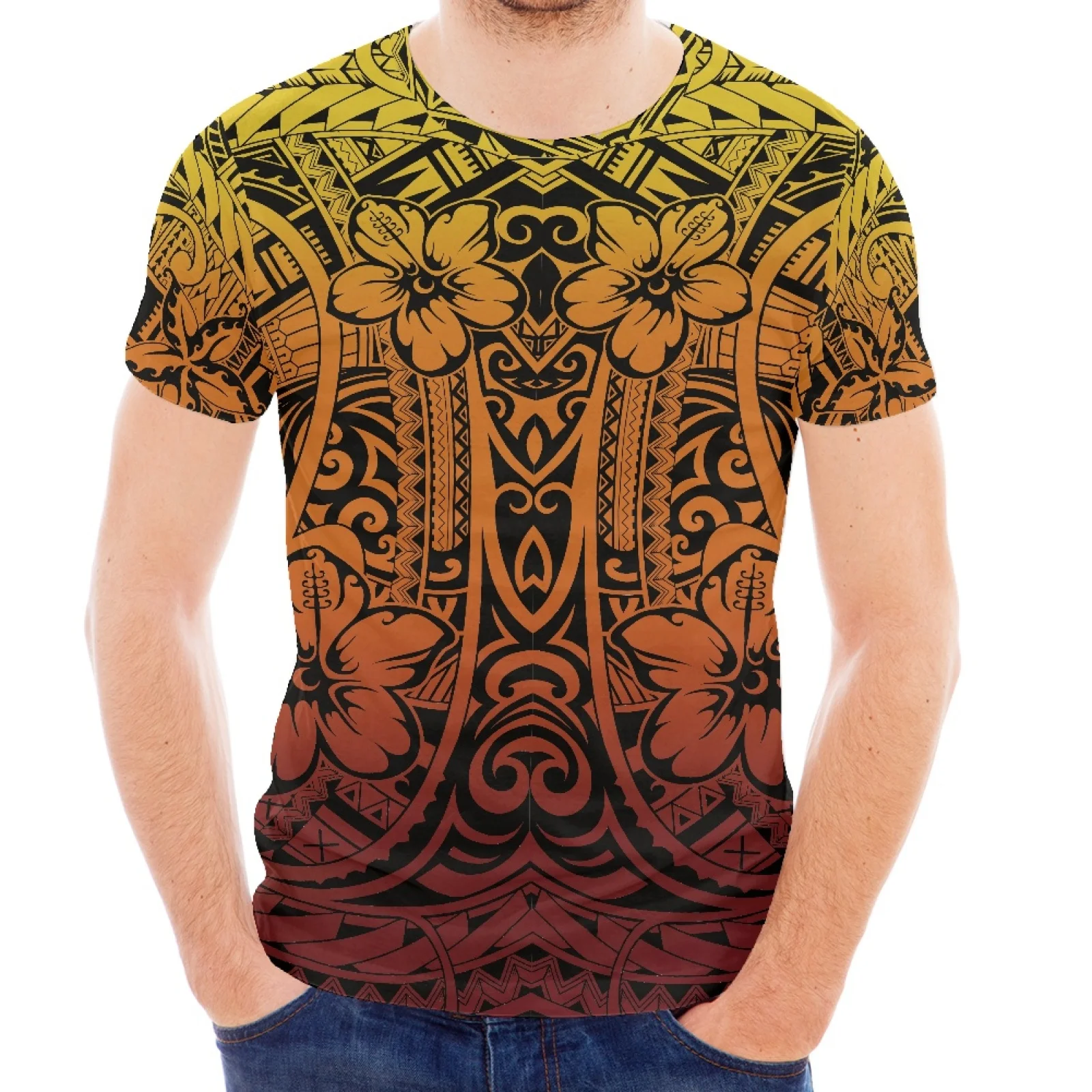 

New Tattoo Design Print Polynesian Traditional Pattern Style Men's Crew-Neck Short Sleeve Hawaiian Summer Sports Shirt Luxury