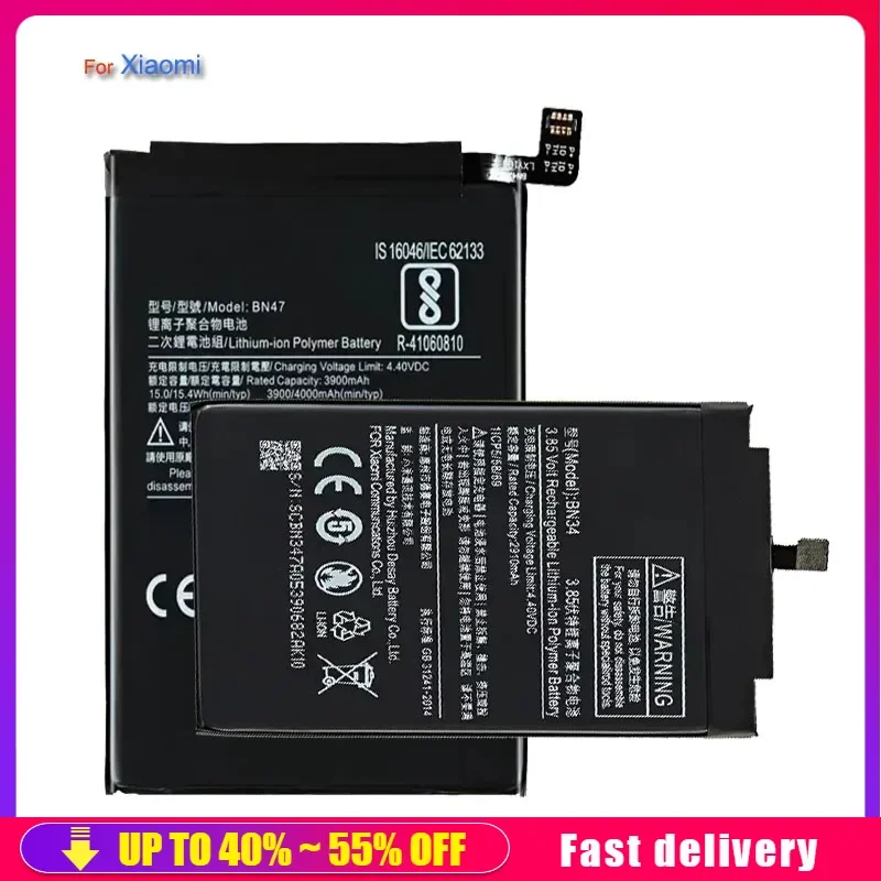 BN34 BN30 BN31 BN40 BN41 BN43 BM46 BM47 Phone Battery For XIAOMI mi Redmi Note 5 5A 5S 5X 4 4X 4A 3 3S 3X Plus Pro Prime Batery