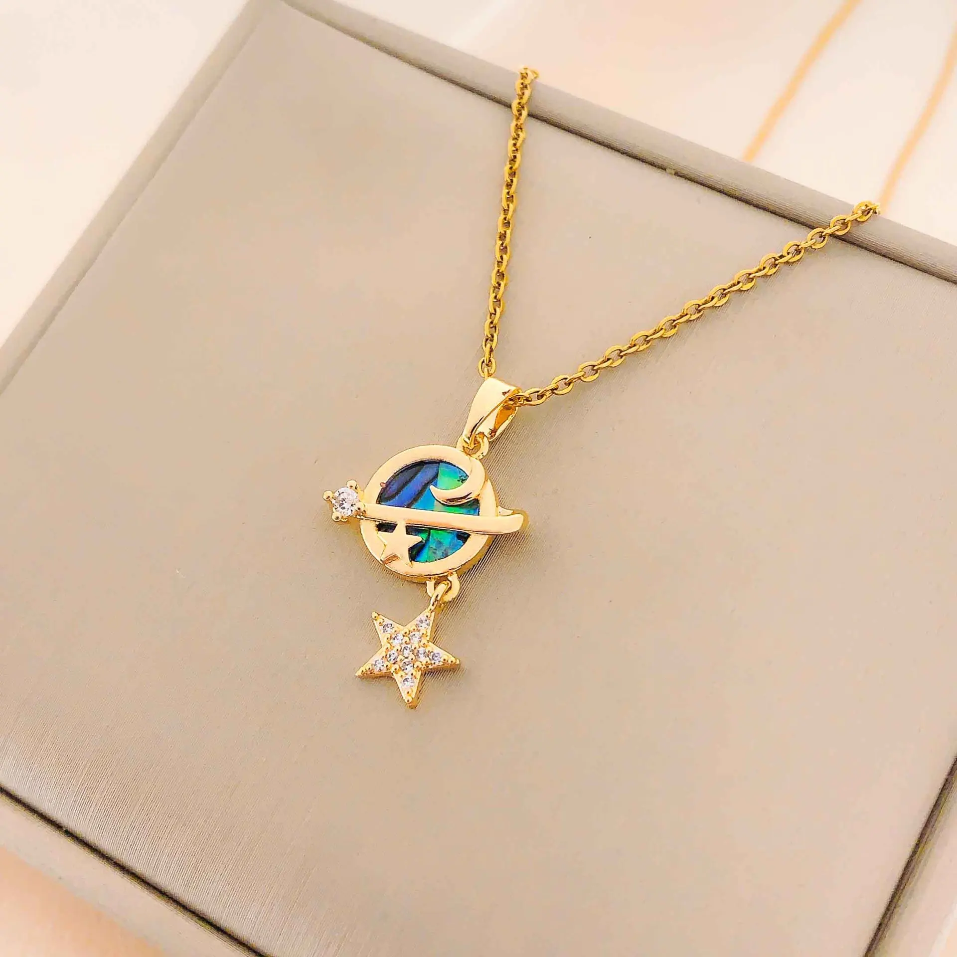 Exquisite Starry Sky Planet Light Luxurious Temperament Gorgeous Necklace Star and Moon Versatile Stainless Steel Clavicle Chain