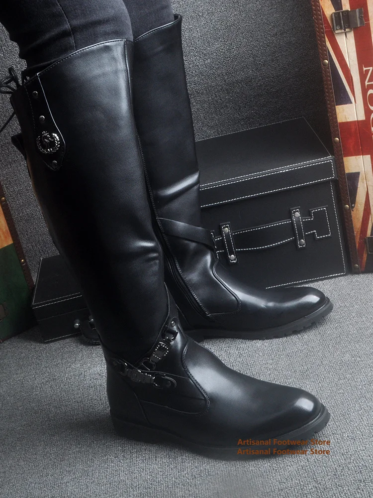 Retro Knee High Knight Boots British Style Metal Decorative Side Zipper Boots Trendy Luxury Men's Shoes New In Botas Mujer